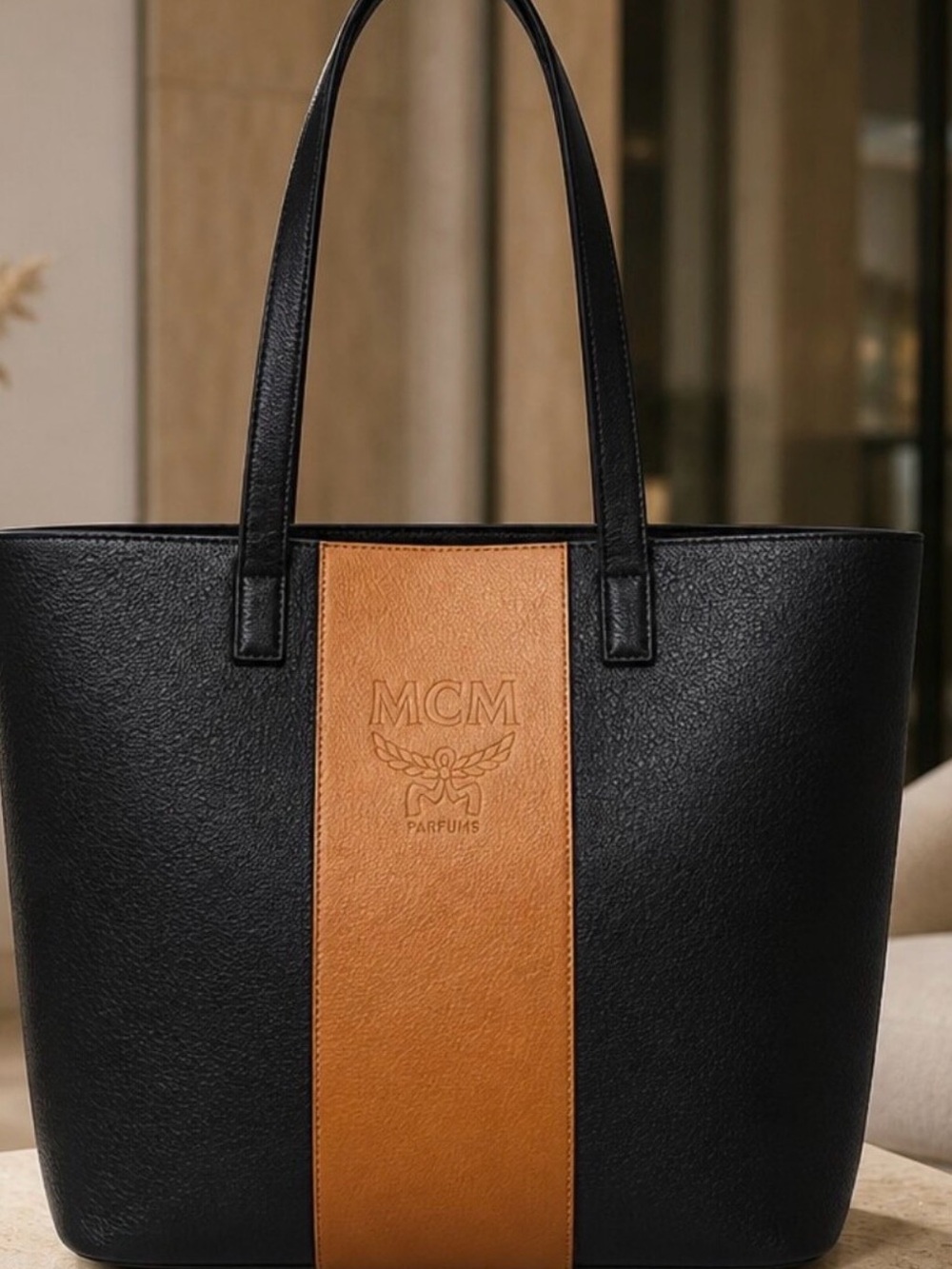 MCM Black Tote with Tan Center Panel